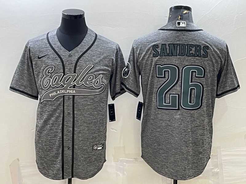 Mens Philadelphia Eagles #26 Miles Sanders Grey Gridiron With Patch Cool Base Stitched Baseball Jersey